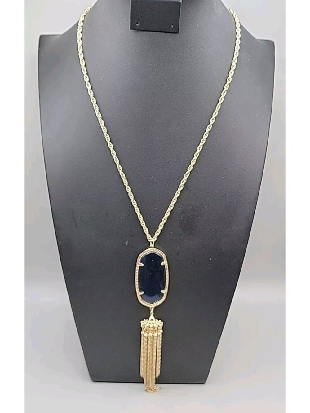Kendra Scott Rayne Necklace 14kgp Navy Blue Faux Cats Eye Tassel Pendant 30" - Picture 3 of 14